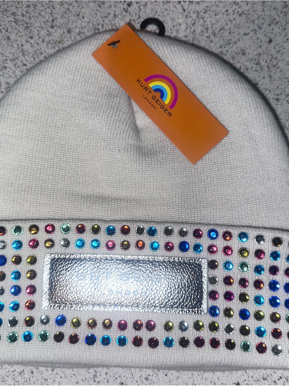 Kurt Geiger Cream Beanie with Multicolor Rhinestones
